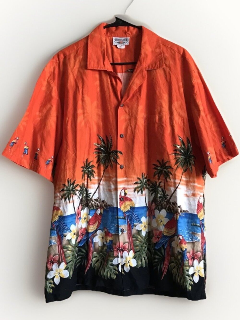 Vintage Pacific Legend Hawaiian Shirt Parrots Tropical Orange Size XL Cotton